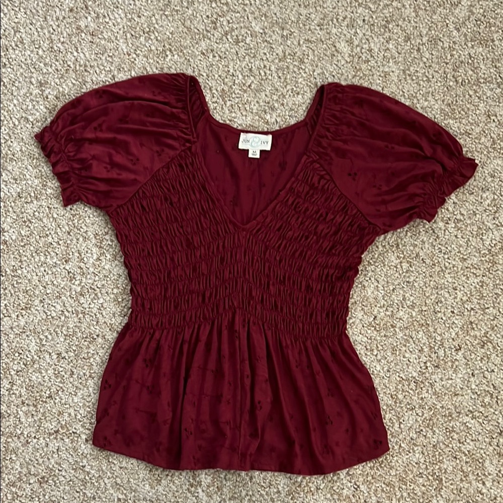 Jun & Ivy Burgundy Red Eyelet Smocked Babydoll Y2k Top - Size M